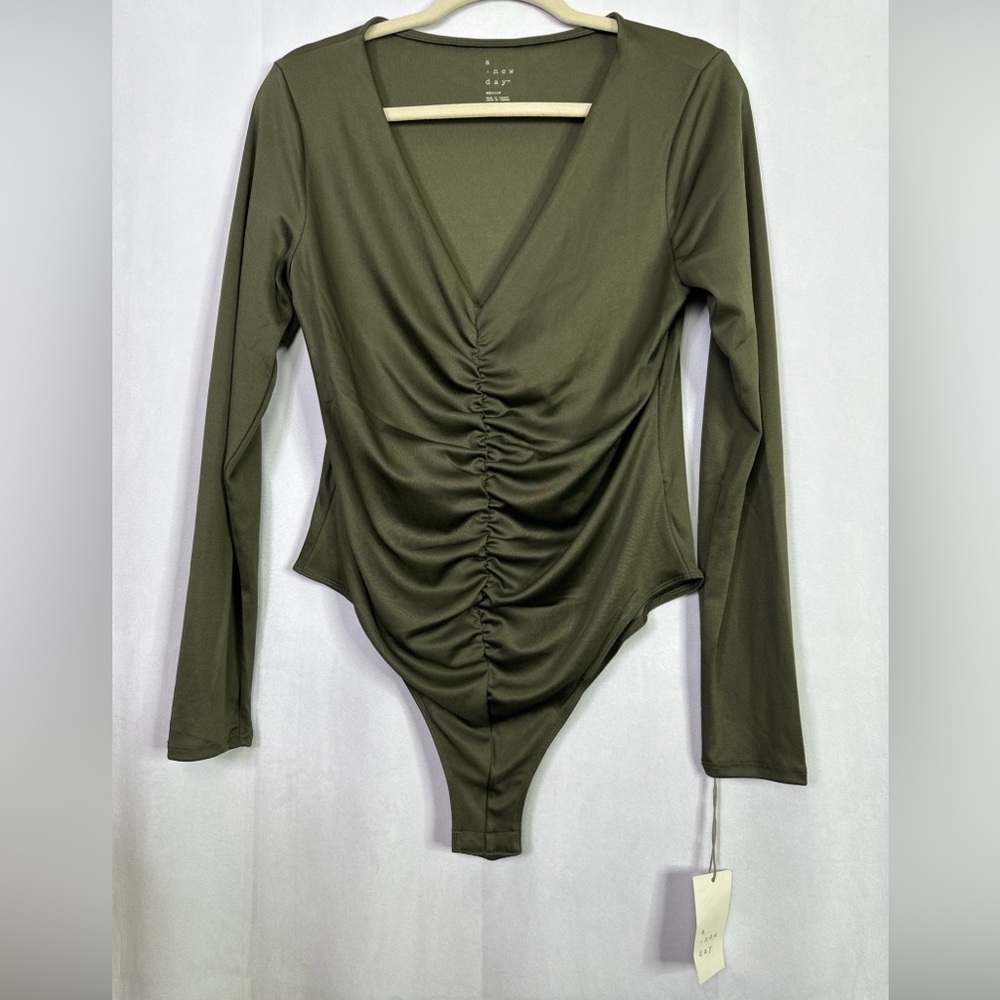 Olive Green Long Sleeve Ruched Bodysuit